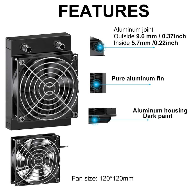 Clyxgs Water Cooling Radiator,12 Pipe Aluminum Heat Exchanger Radiator with Fan for PC CPU Computer Water Cool System DC12V 120mm Black - Image 2